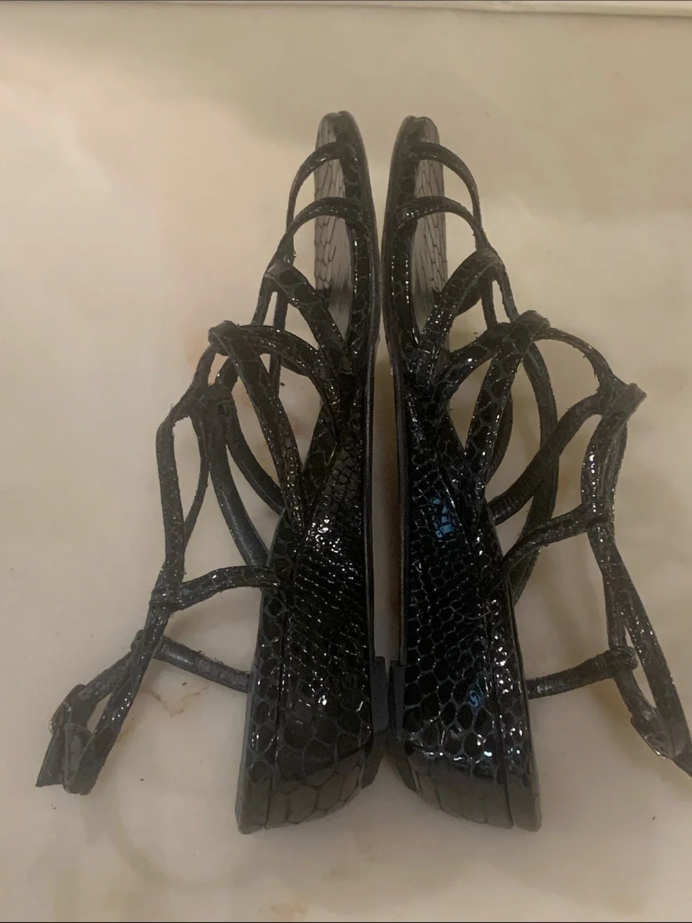 Stuart Weitzman black snake-embossed strappy low-wedge sandals Size 8